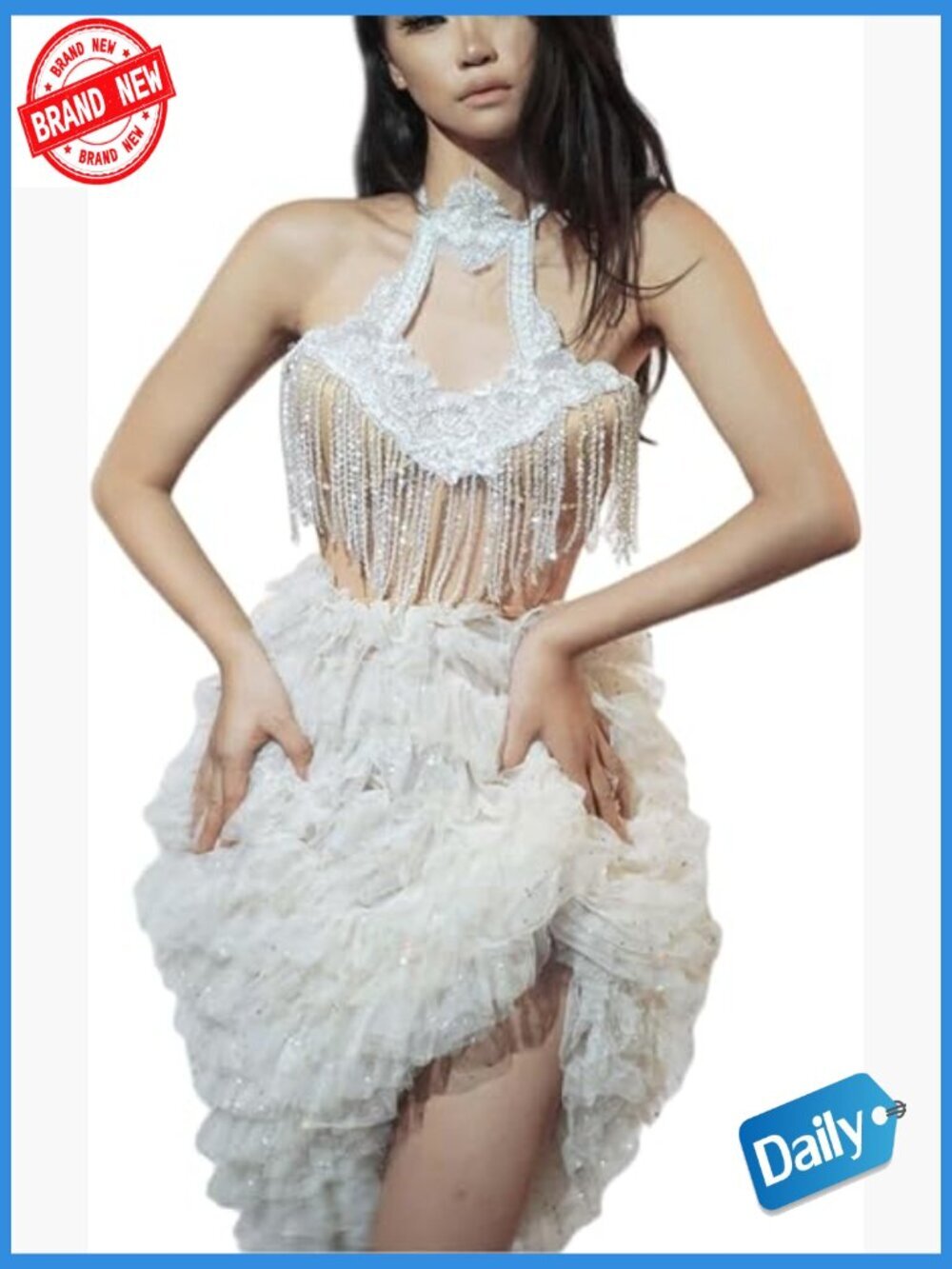 Lace Fringe Corset & Tulle Skirt Two-Piece Set Halter Neck Lace-Up Back Bridal